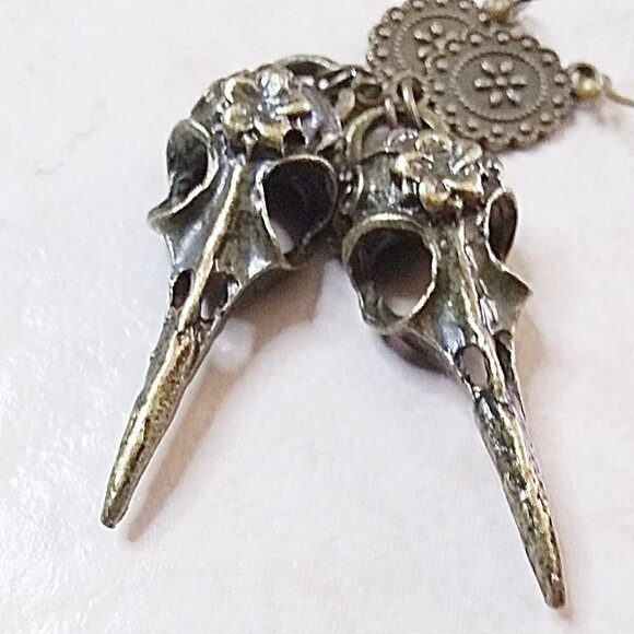 X-Long! Bronze Bird Skull Earrings! Goth Pagan Raven Crows Occult Wicca Witchy - Picture 1 of 6